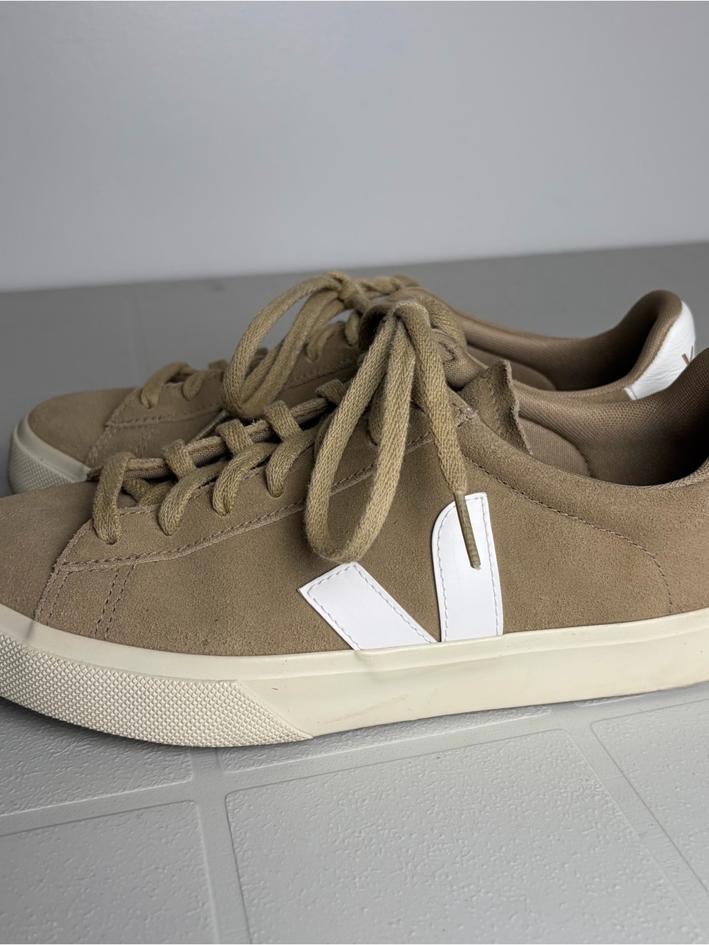 Veja Beige Suede Low-Top Sneakers with White V